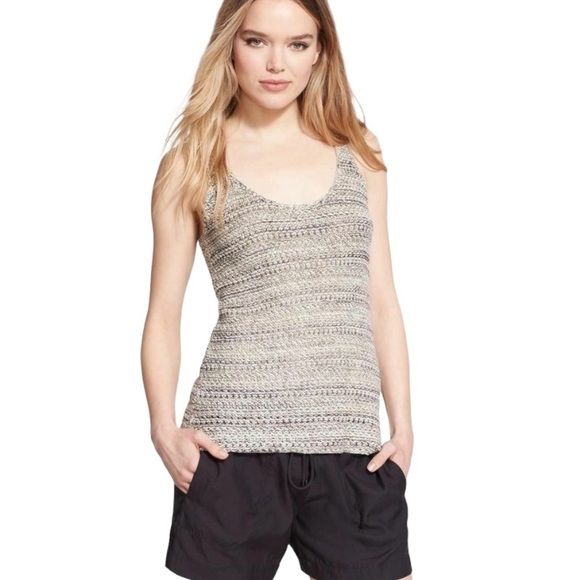VINCE LOOSE KNIT SLEEVELESS STRIPE BEIGE LOW U NECK SWEATER - Picture 1 of 6